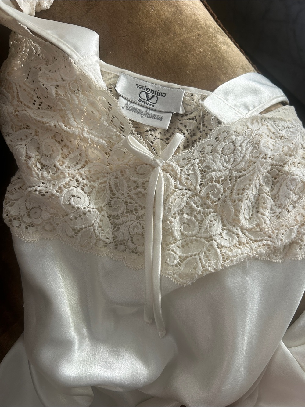 VINTAGE VALENTINO Intimo Neiman Marcus Ivory Lace-Trim Silk Chemise Dress Sz M